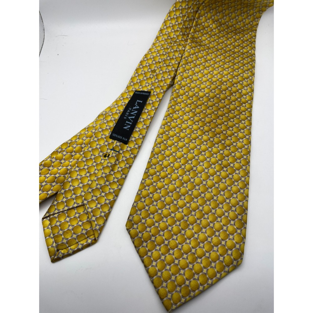 Lanvin Paris Mens Silk Tie Gold Yellow Geometric Circle Pattern Made in France